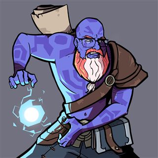 Illustration of the longbeard: a bearded, bespectacled wizard in a leather strap, mid-spell.